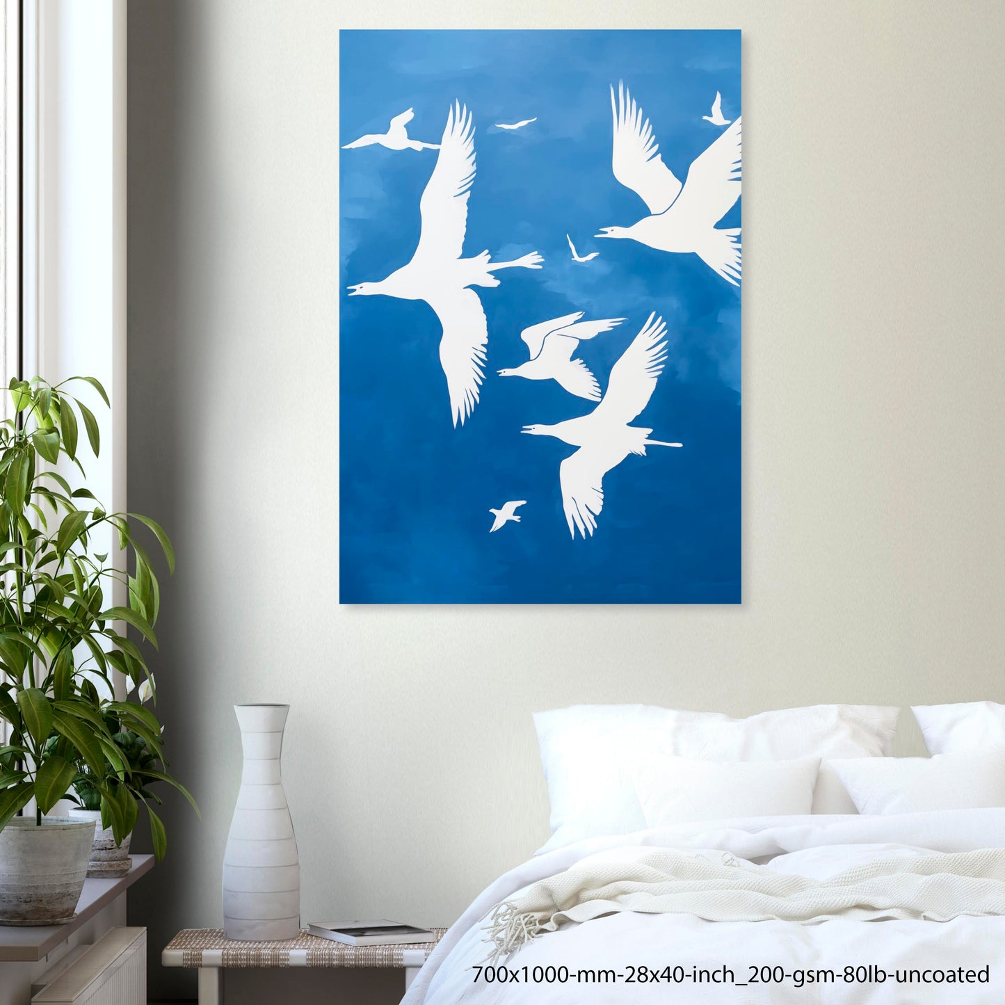 Blue Flight – Poster de pájaros blancos en azul