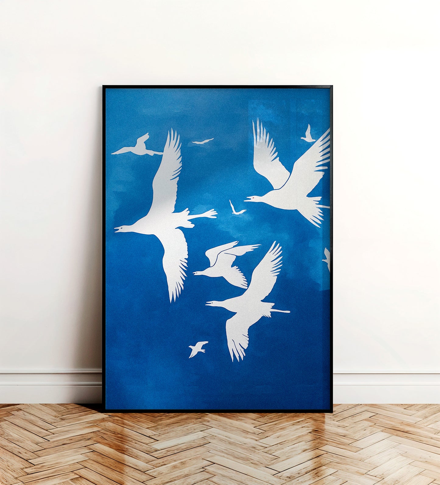 Blue Flight – Poster de pájaros blancos en azul