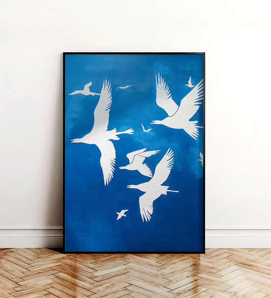 Blue Flight – Poster de pájaros blancos en azul